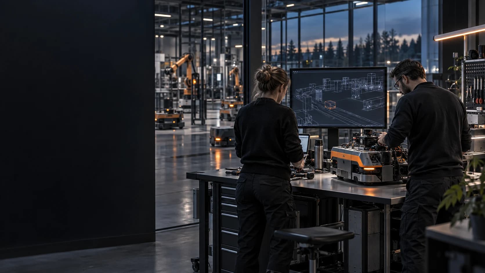 Concept image of developers working with an industrial digital environment and a mobile robot.