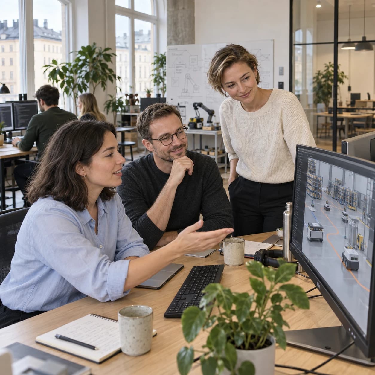 Team reviewing a robotics simulation in a Stockholm-style office.