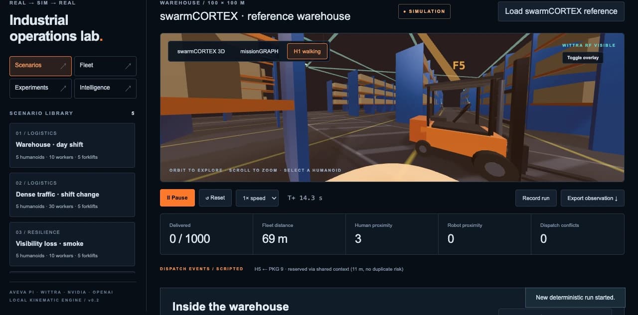 First-person simulated warehouse view with racks and an orange forklift.