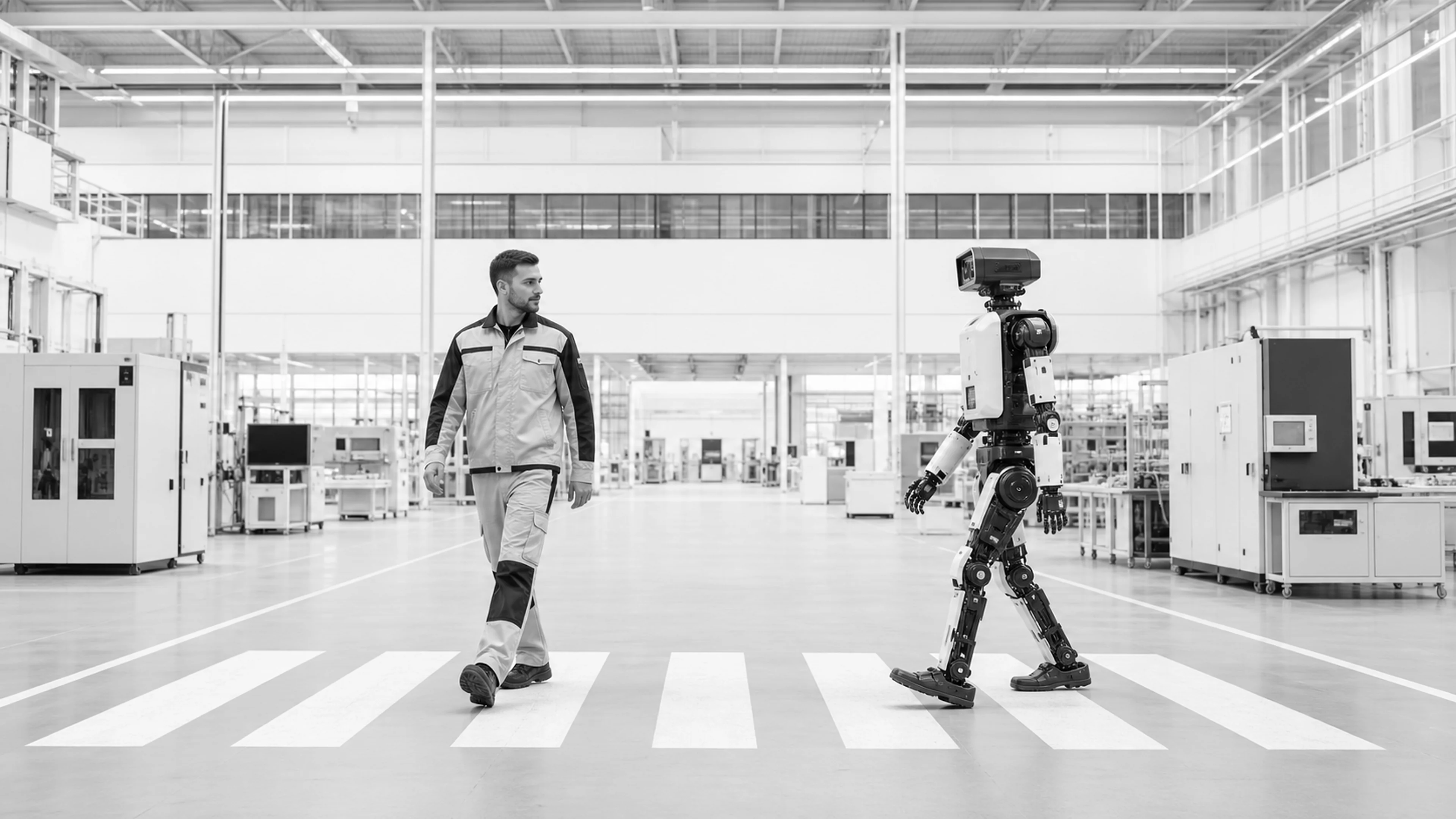 Illustration of people and machines sharing an industrial workspace.