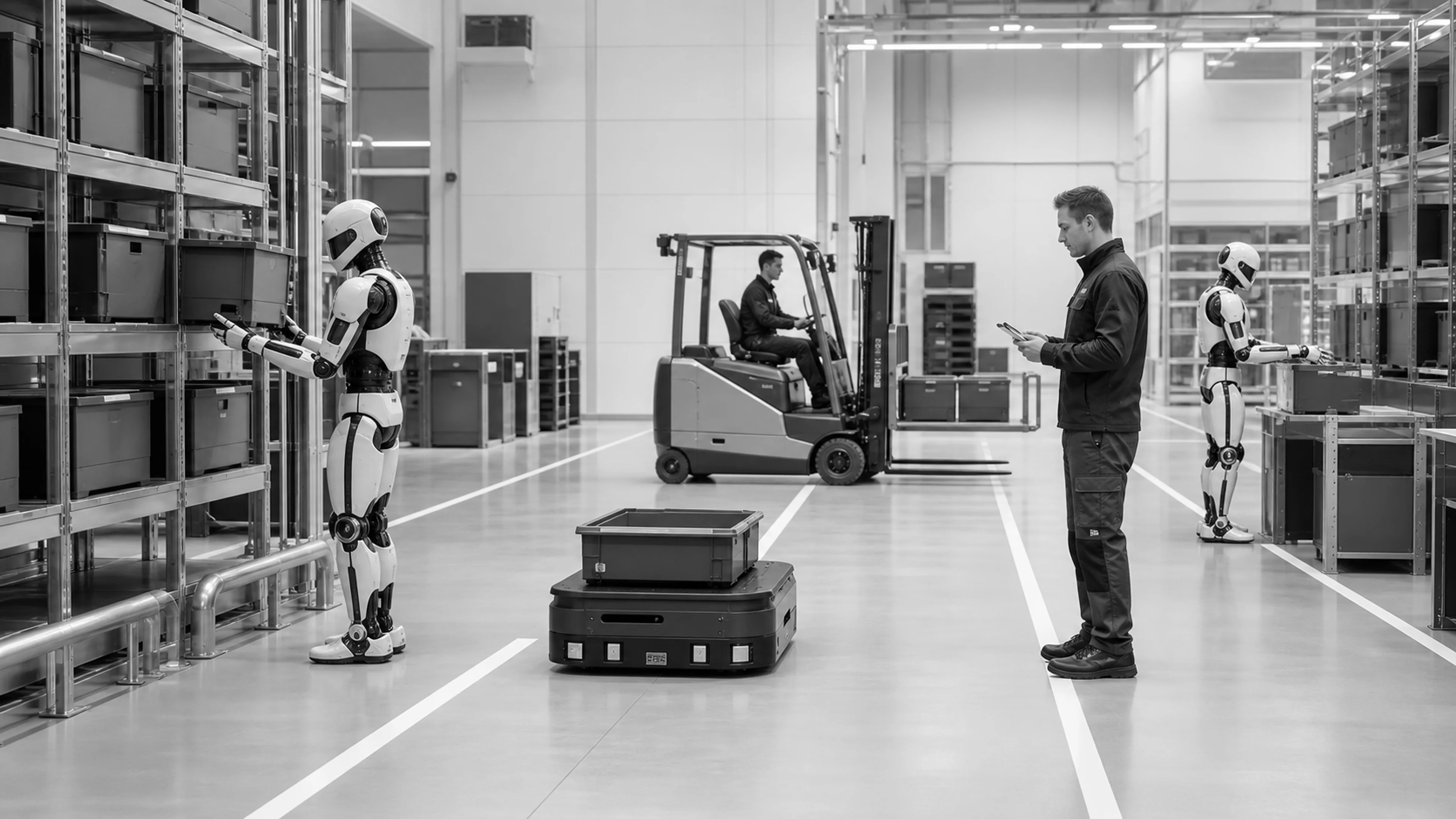 Illustration of a coordinated industrial robot fleet.