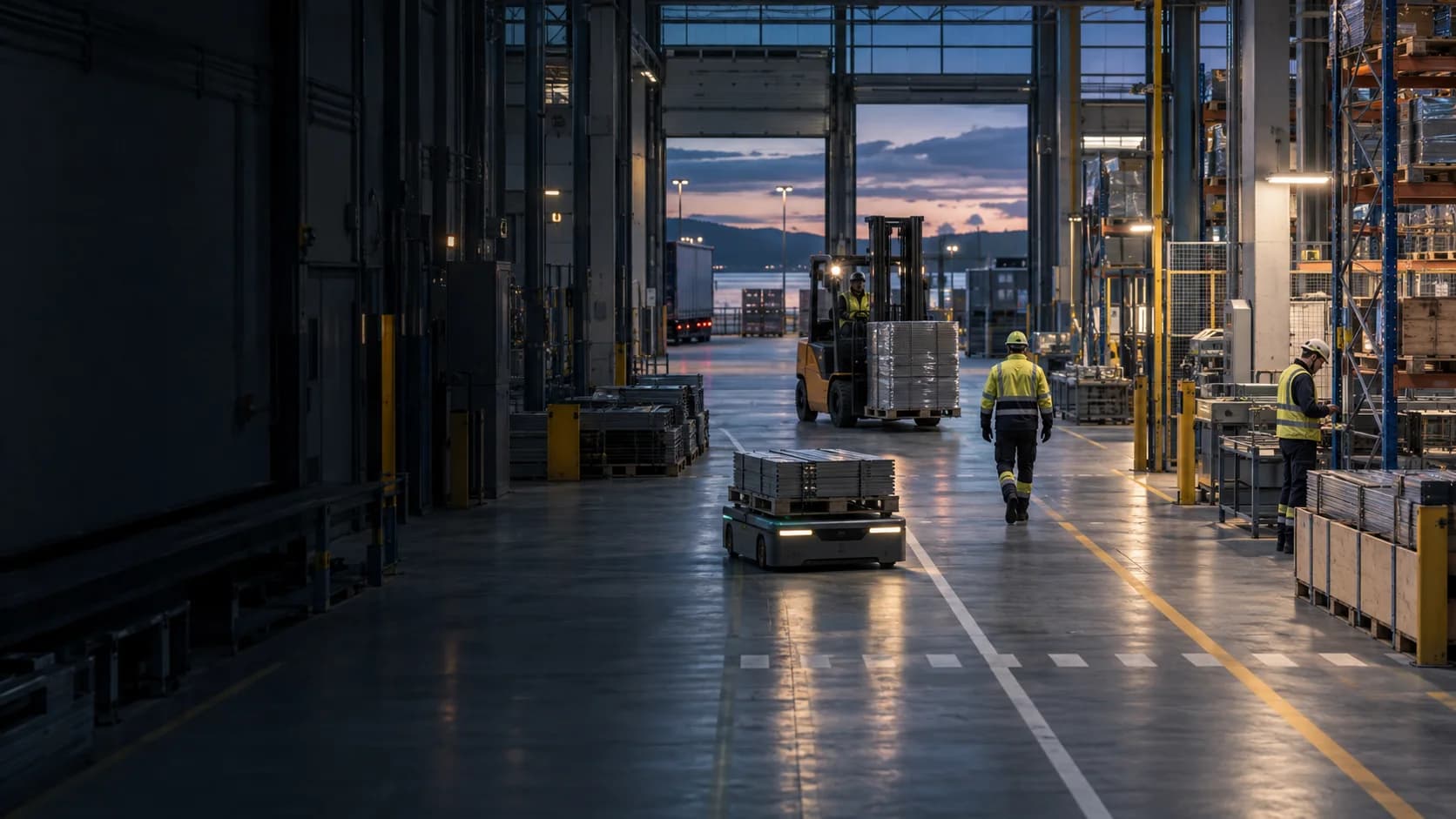 Workers and mobile machines sharing an industrial aisle