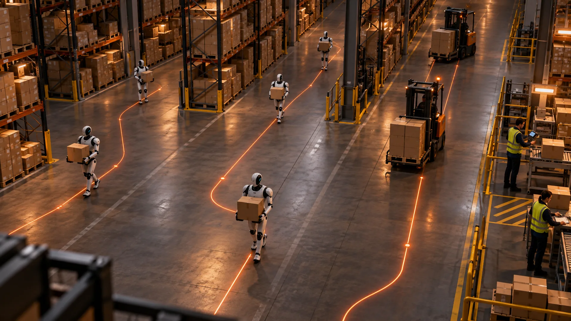 Concept illustration of robots and forklifts sharing a warehouse operation