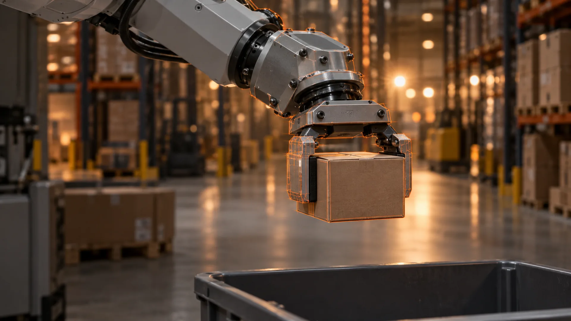 Concept illustration of an industrial arm gripping a carton with a simulation overlay