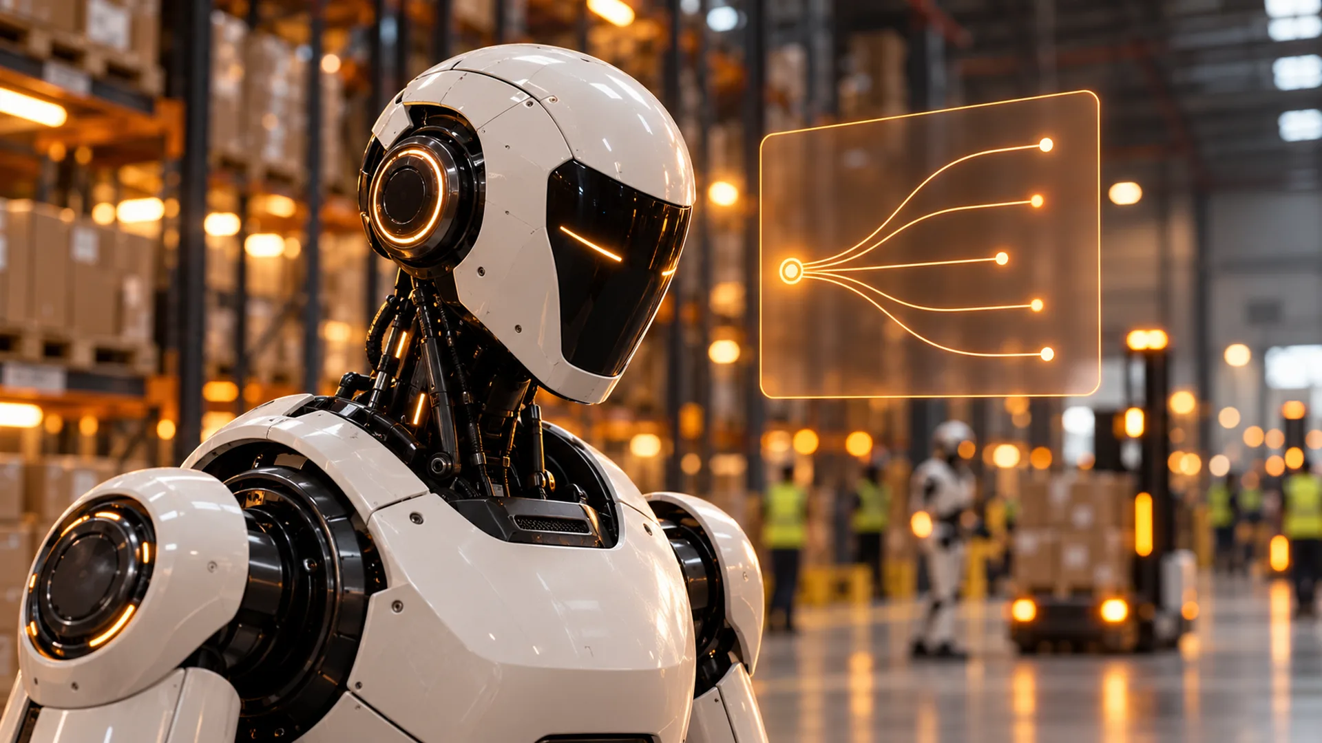 Concept illustration of a humanoid with illuminated decision branches in an industrial hall.