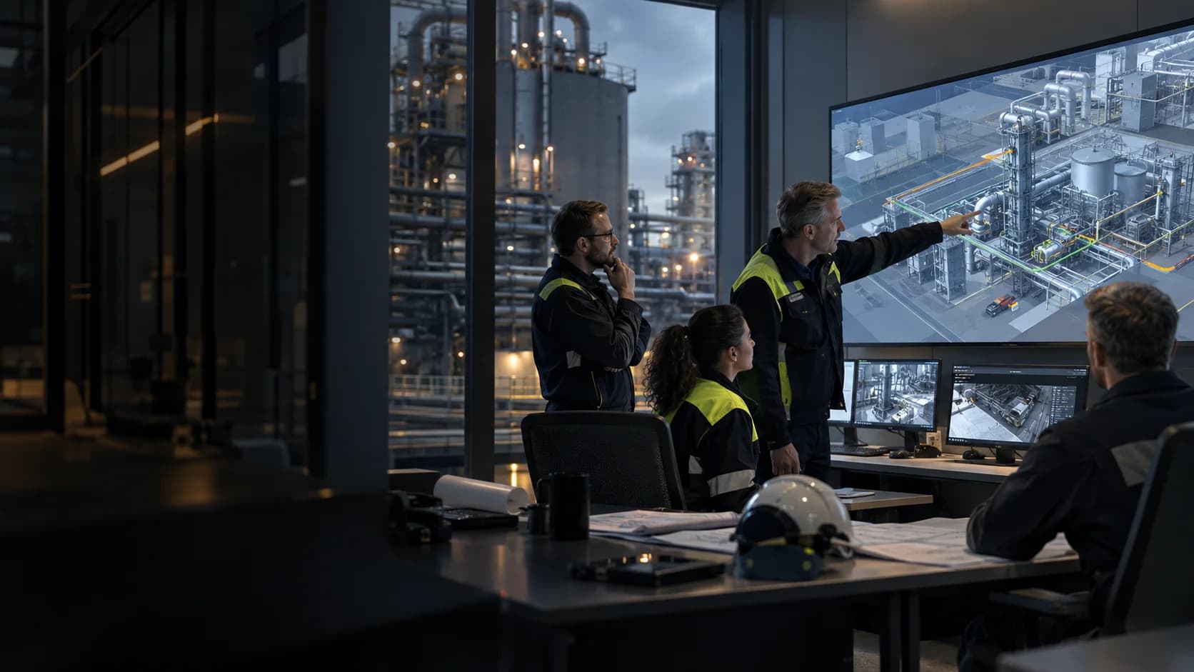 Engineers reviewing a plant model beside industrial equipment