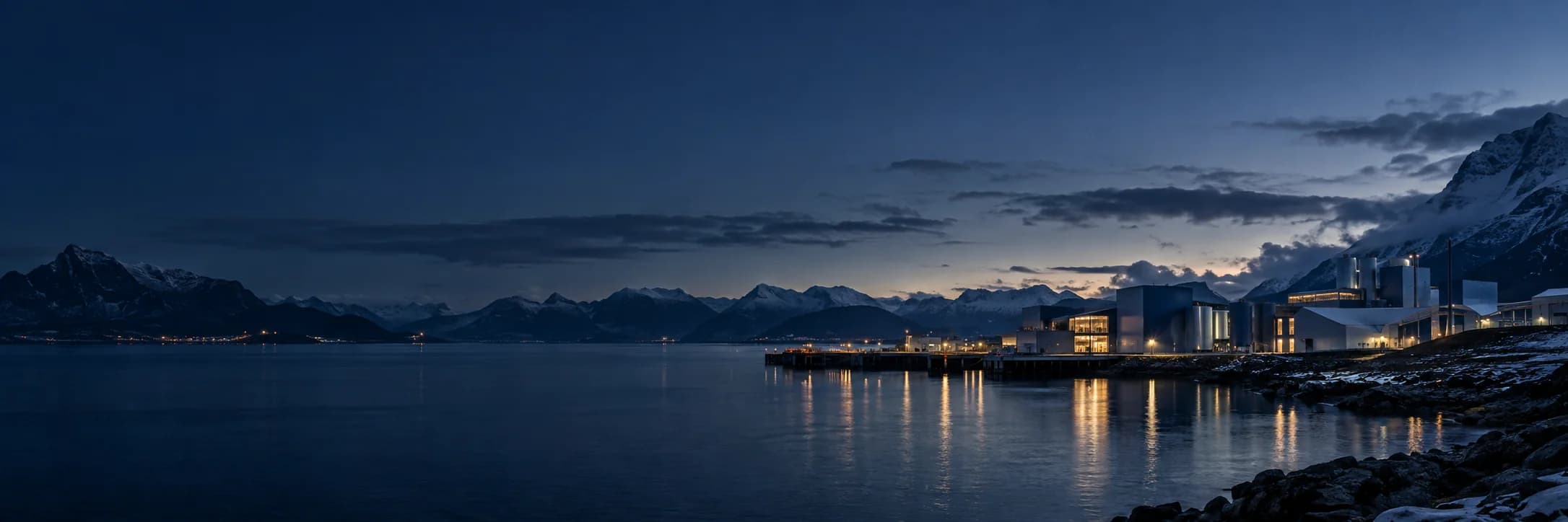 Conceptual Nordic industrial waterfront at dusk