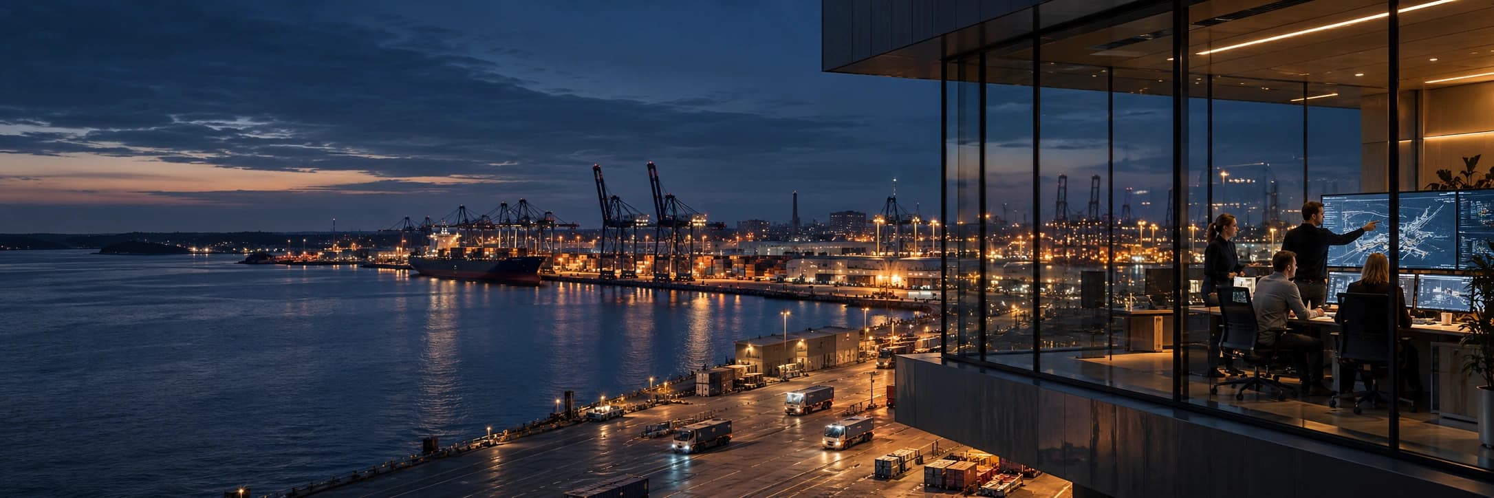 Conceptual Nordic industrial waterfront with engineers reviewing operations