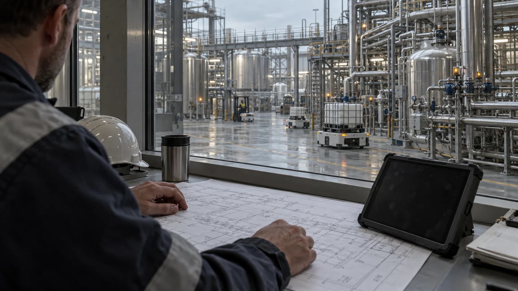 Illustrative engineer reviewing process drawings beside an industrial production floor.
