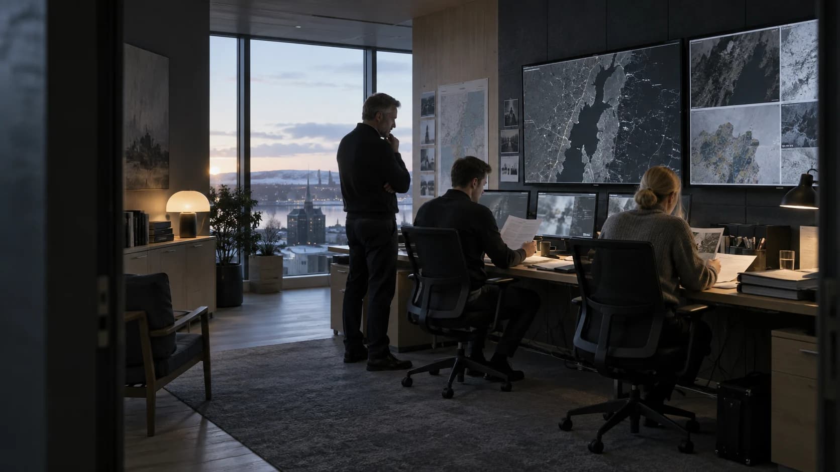 Illustrative Scandinavian workroom with a team reviewing documents and geographic information.